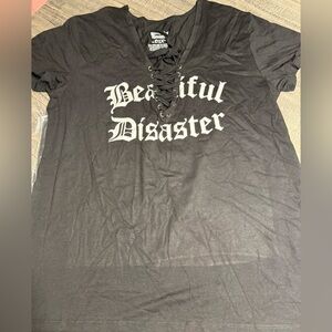 Beautiful Disaster Lace-Up V-Neck Graphic Tee - Beautiful Disaster - Black